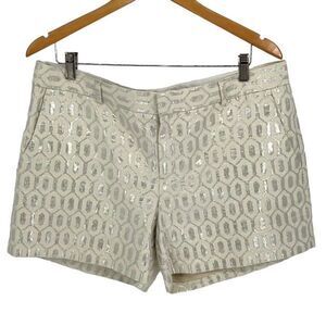 Banana Republic Vintage Womens Geometric Flat Front Shorts Beige Silver Metallic